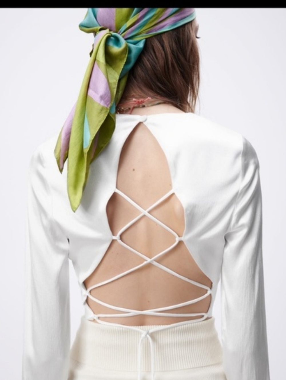 ZARA Satin White Lace-Up Back Long Sleeve Top M